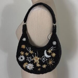 New Black Beaded Crescent Moon Star Celestial Handbag Purse Hand Made in India